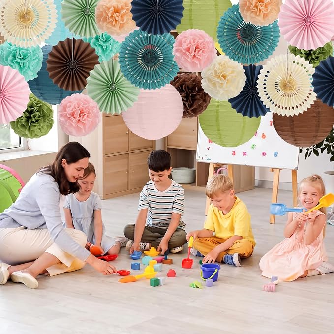 MotiMind 30 Pcs Boho Classroom Decorations Set, Hanging Paper Lanterns Paper Fans Tissue Pom Poms, Back to School Neutral Bulletin Board Hanging Decor for Ceiling Wall Birthday Backdrop Party Supplies