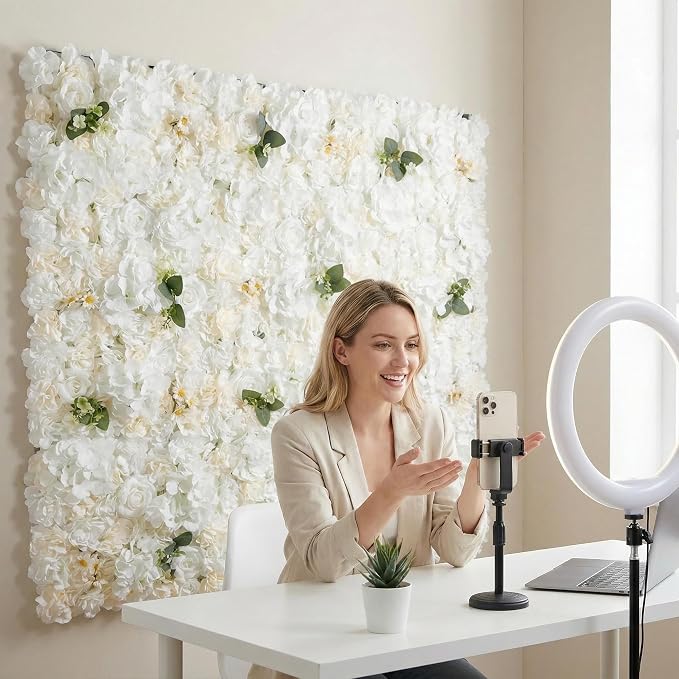 3D Flower Wall Backdrop - 6Pcs 16×24 Inch Artificial Rose Panels White Silk Floral Decor for Home Party Wedding Anniversary Birthday Photographic Studio Background & Decorative Fences