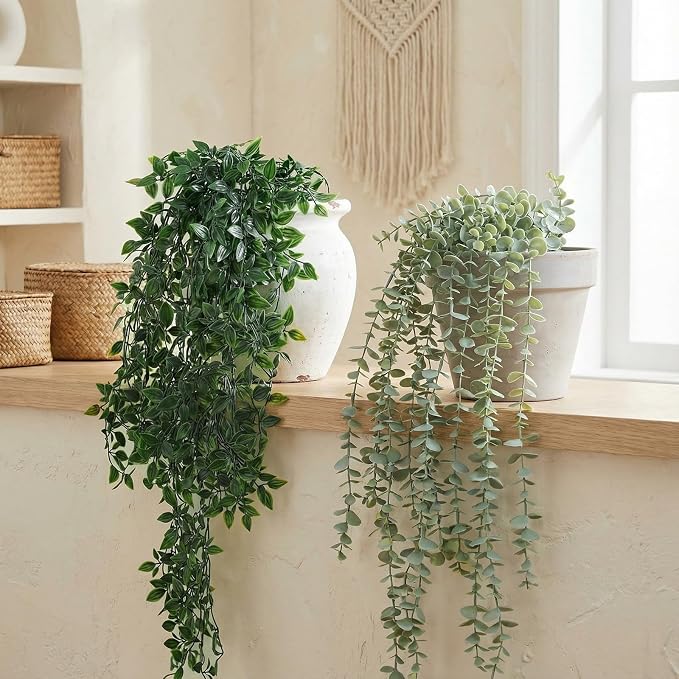 Daifunli 8 Pcs Artificial Hanging Plants Fake Hanging Ferns Plastic Faux Plants for Wall Room Garden Garland Indoor Outdoor Decor No Basket (Eucalyptus,Mandala Vine)