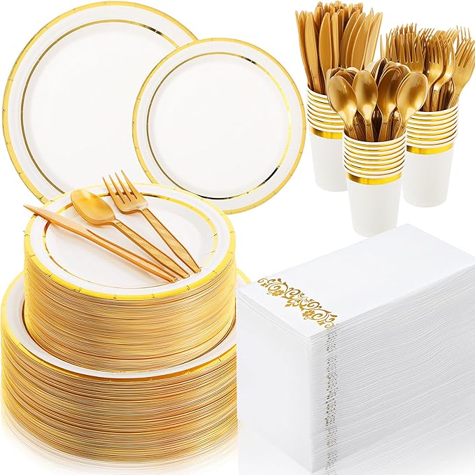 Didaey 700 Pcs Disposable Dinnerware Set for 100 Guests Include 200 Paper Plates, 300 Plastic Silverware, 100 Paper Cups, 100 Napkins for Wedding Birthday Party Supplies (White with Gold Rim)