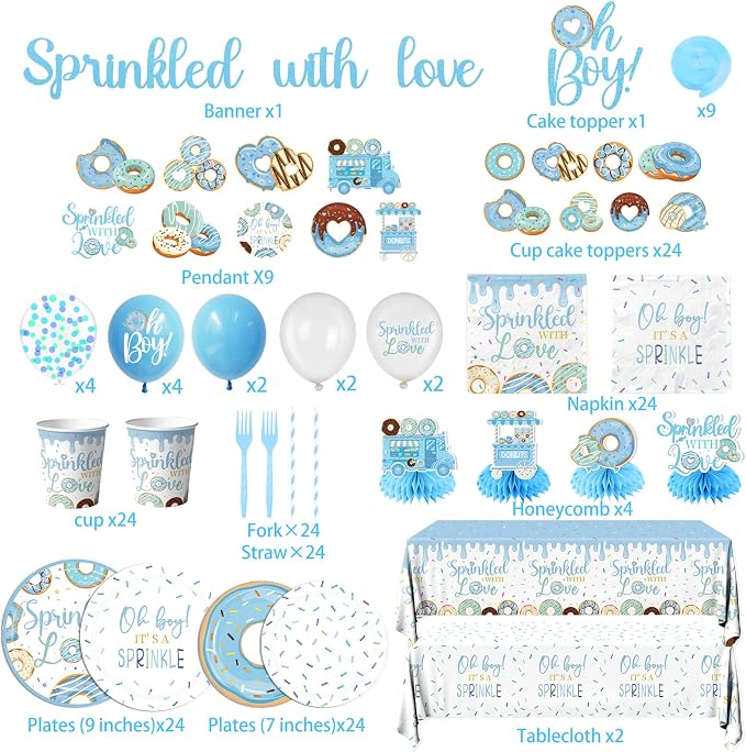 Baby Sprinkle Decorations for Boy,Blue Sprinkled with Love Party Plate,Napkin,Cup,Cake Topper Donut Baby Shower Decorations for Baby Boy Sprinkle Party Supplies Serves 24