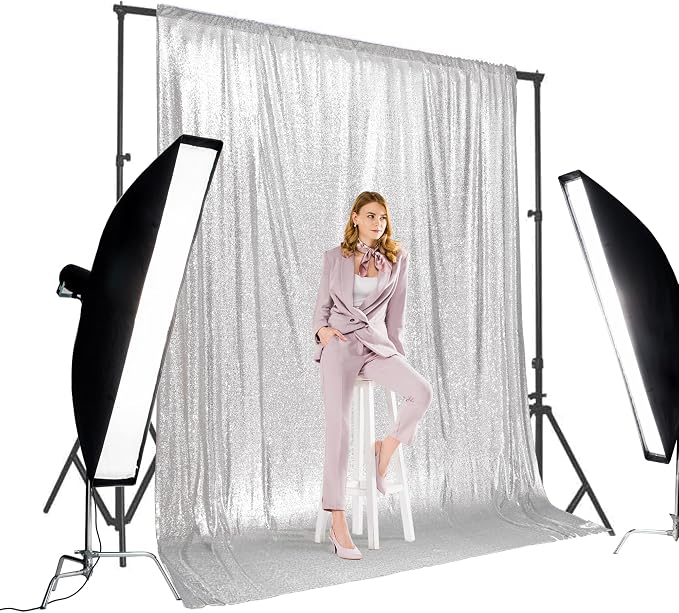 PartyDelight Silver Sequin Backdrop 10x10ft 4 Inch Rod Pocket | 3mm stitched silver sequins on mesh backing with 4 inch rod pocket for large wedding walls group photos stages and reception