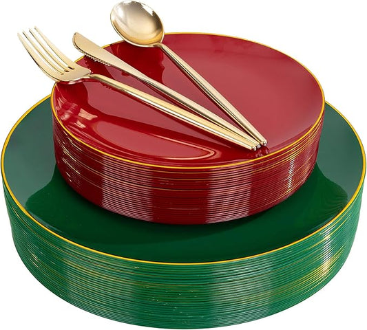 I00000 150Pcs Red and Green Plastic Plates with Gold Rim,Fancy Christmas Plastic Plates,Nice Christmas plates Set include 30 Dinner Plate,30 Dessert Plate, 90 plastic Silverware Set for christmas