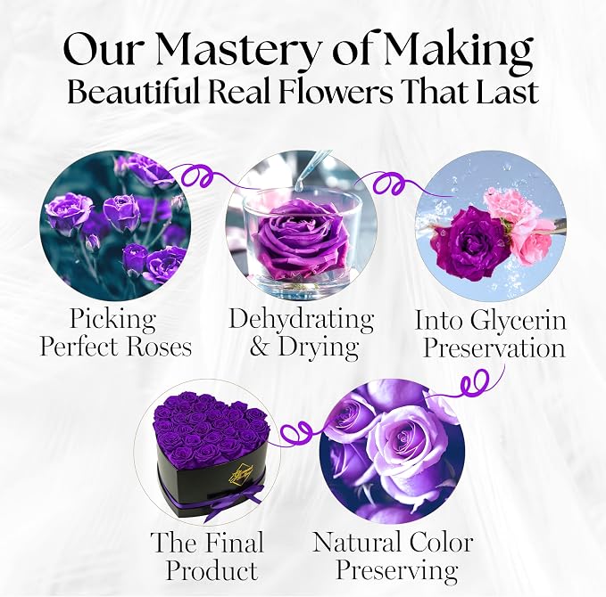 GLAMOUR BOUTIQUE 27 Flower Forever Heart Shape Box, Mothers Day Gift For Mom, Eternal Preserved Roses Gift for Her, Flowers bouquet, For Birthday, Anniversary, Girlfriend - Purple (Color-Treated)