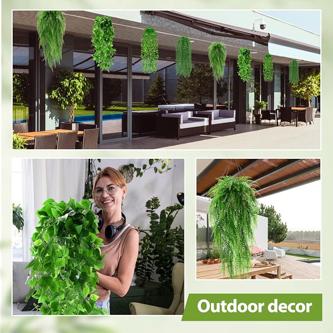 Daifunli Artificial Hanging Plants Fake Hanging Ferns Plastic Fake Plants for Wall Room Garden Garland Indoor Outdoor Decor No Basket (4 Pcs,Boston, Eucalyptus, Ivy Vine, String of Pearls)
