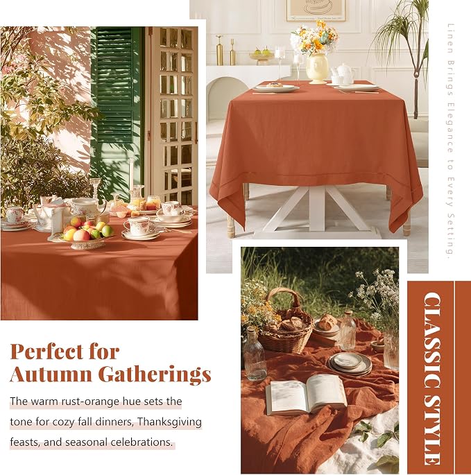 Linen World Fall Linen Tablecloth 120" x 60" Inch,French Linen Washable Rectangular Table Cloth for Dining,Outdoor, Weddings and Restaurants,Decorative Thanksgiving Christmas,Caramel Hemstitch