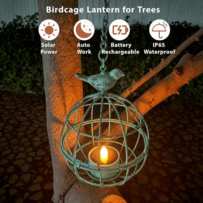 Outdoor Solar Hanging Lantern Lights, 4 Pack Rustic Ball Birdcage Hanging Candle Holder with Solar Tea Lights, Waterproof Chandelier for Tree, Pergola, Patio Decor (Vintage Green)
