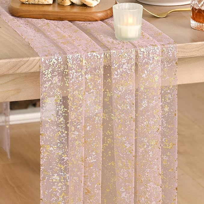 Artoid Mode 6PC Gold Gauze Pink Table Runner 120 Inch 10FT, Glitter Metallic Foil Sheer Dining Wedding Anniversary Holiday Birthday Table Decor for Home Party