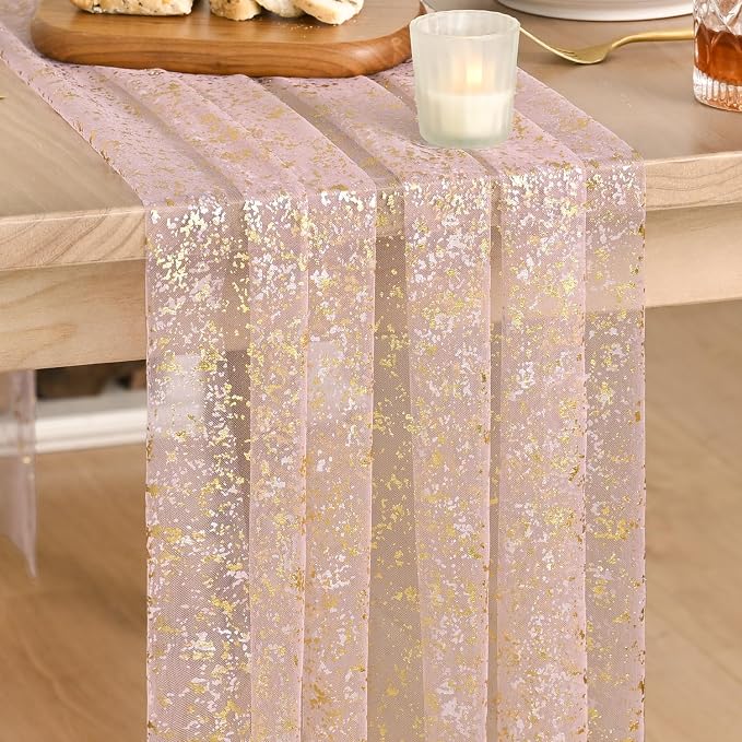 Artoid Mode 3PC Gold Gauze Pink Table Runner 120 Inch 10FT, Glitter Metallic Foil Sheer Dining Wedding Anniversary Holiday Birthday Table Decor for Home Party
