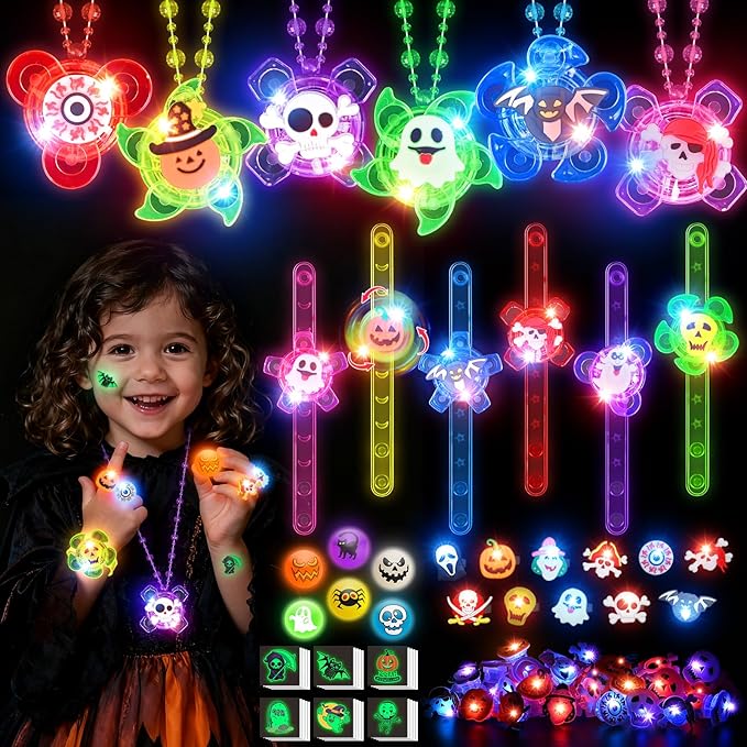 Halloween Party Favors for Kids,72 PCS Halloween Glow in the Dark Toys Bulk with Spin Necklace,Light Up Rings,Spin Bracelets,Halloween Goodie Bag Fillers Basket Stuffers Gift for Kids Trick or Treats