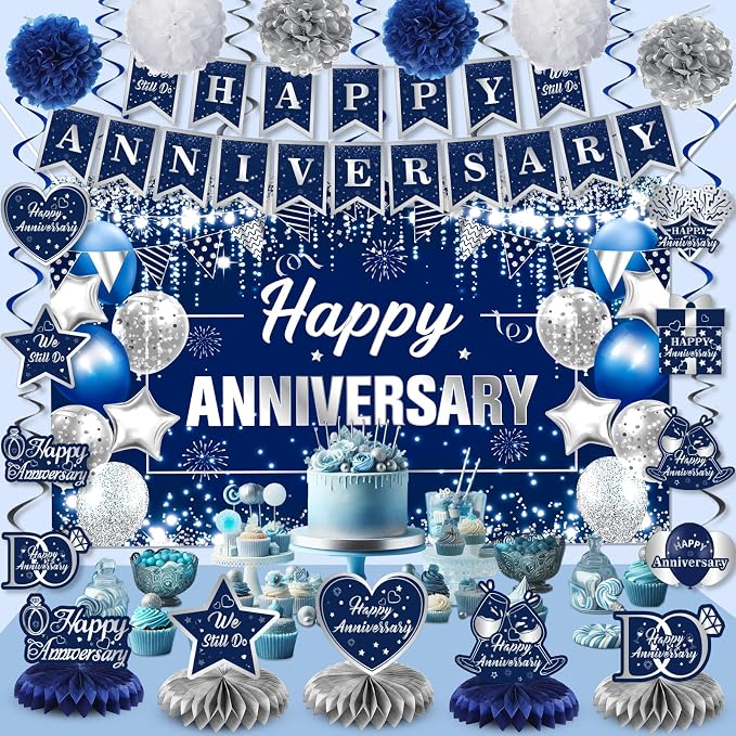 Happy Anniversary Decorations Kit Blue Silver Happy Anniversary Banner Honeycomb Centerpieces Hanging Swirls Tissue Paper Pompoms Set for Men Women Couple Wedding Anniversary Party Supplies Decor