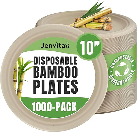 Paper Bamboo Plates Disposable (1000-Pack, 10-inch) | Sturdy & Microwave Safe | Compostable Paper Plates Disposable Heavy Duty | PFAS Free, Biodegradable | FSC Certified Alternative to Plastic