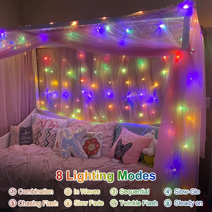 QITONG 2 Pack Battery Operated String Lights, Each 33ft 100 LED Multicolor Christmas Lights Outdoor Waterproof, 8 Modes Clear Wire Twinkle Fairy Lights Indoor with Remote