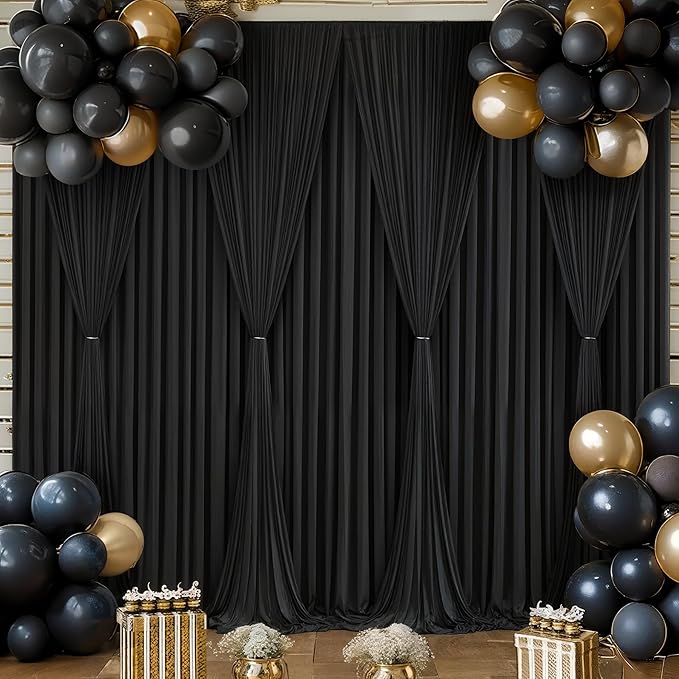 Wish Care Black Backdrop Curtain 8 Panels - Wrinkle-Free Polyester Photography Drapes for Wedding & Birthday Party - 32 X10FT