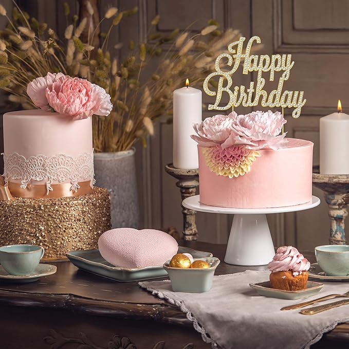 Happy Birthday Cake Topper - Premium Gold Metal - Happy Birthday Party Sparkly Rhinestone Decoration Makes a Great Centerpiece - Now Protected in a Box