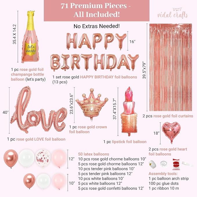 VIDAL CRAFTS 71-Piece Rose Gold Birthday Decorations for Women - Party Backdrop with Latex, Foil & Confetti Balloons, Happy Birthday Decorations Banner & Rose Gold Foil Fringe Curtains