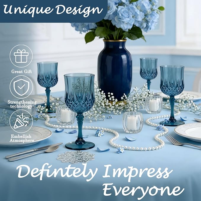Plastic Wine Glasses, Plastic Goblets Vintage Style Cordial Unbreakable Drinking Glasses, Reusable Drinkware for Wedding Reception, Grand Event Party Supplies (48, Navy Blue)