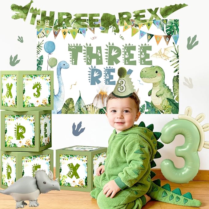 Costova Three Rex Birthday Decorations Boy, Dinosaur 3rd Birthday Party Supplies Kit with Tableware Set, Plates, Napkins, Cups, Backdrop, Boxes, Tablecloth for Boys 3 Year Old Jungle Safari