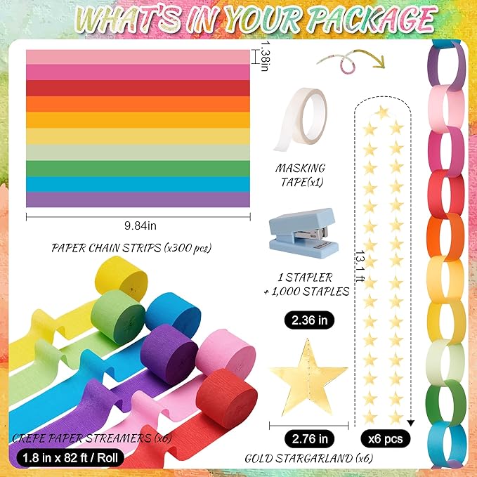 Rainbow Birthday Party Decorations Kit with 492ft Crepe Paper Streamers, 300 Sheets Paper Chain Strips, 78.6ft Gold Star Garland for Hanging Decor