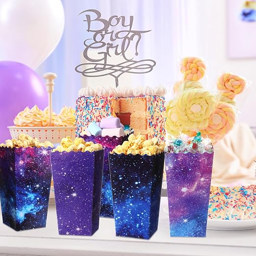 Honoson 48 Pcs Galaxy Popcorn Boxes 6 x 2.4 Inches Outer Space Popcorn Bucket Disposable Paper Food Trays Container Galaxy Space Birthday Decorations for Movie Night Baby Shower Party Supplies