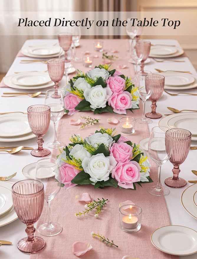 BLOSMON Flower Balls Rose Centerpieces: 2 Pcs 9.5 Inch Pink Fake Flowers | Artificial Floral Arrangements for Home Table - Fuax Silk Flower Bouquet with Base for Wedding Party DIY Decorations