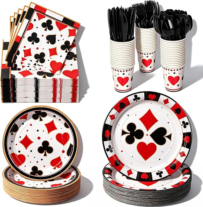 400 Pcs Disposable Casino Tableware Set for 50 Guests | Heavy-Duty 7" & 9" Paper Plates, Cups, 13" Napkins & Plastic Cutlery for Casino Night Vegas Game Night Poker Party Supplies