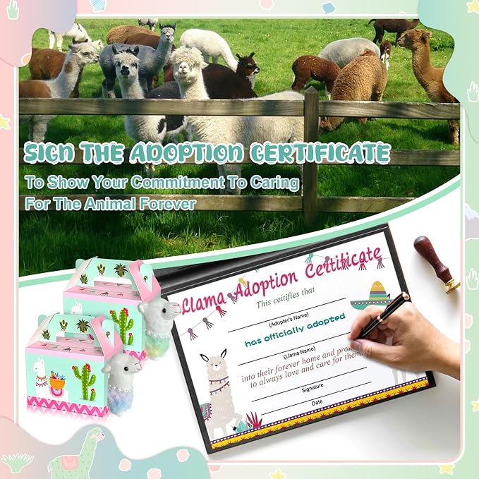 38 Pcs Adopt a Pet Llama Party Favor Set Include 12 Plush Llama 12 Foldable Party Boxes 12 Adoption Certificates 1 Signboard 1 Fence for Adopt a Llama Birthday Party Decorations