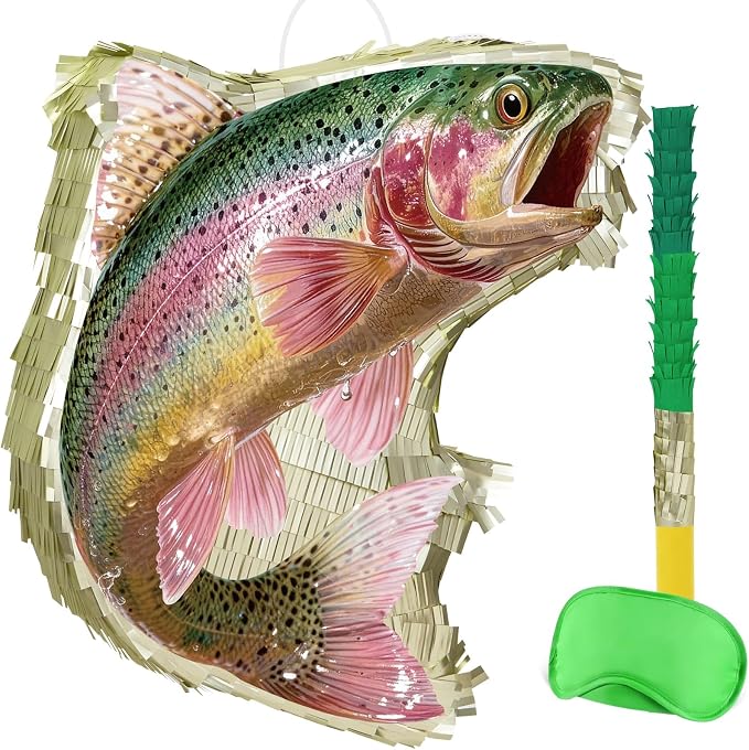 WERNNSAI Rainbow Trout Piñata - Fishing Party Decorations Trout Fish Piñata with Blindfold and Stick for Men Fishing Birthday Decorations Father's Day Celebration Carnival Supplies