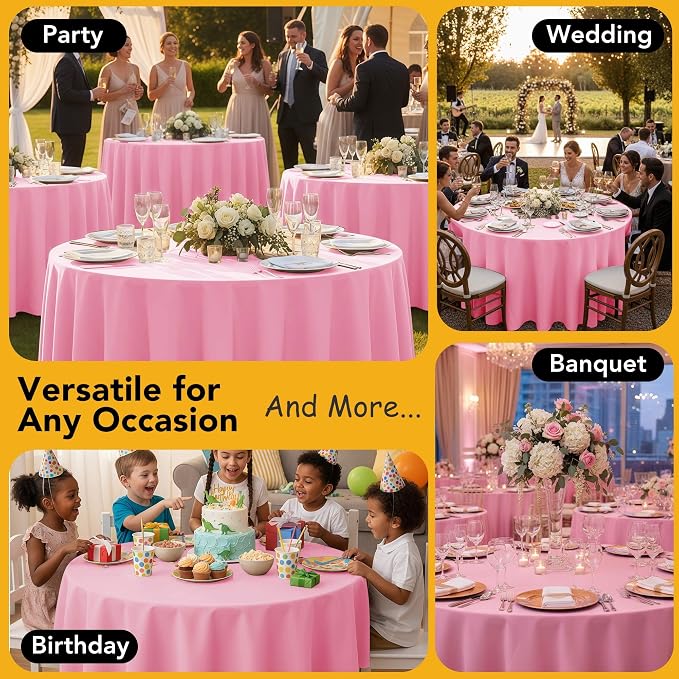10-Pack Pink Round Tablecloths, 90 Inches, Stain-Resistant Polyester for 4-5 Ft Round Tables - Washable Table Covers for Weddings, Banquets, Birthday Parties, Events