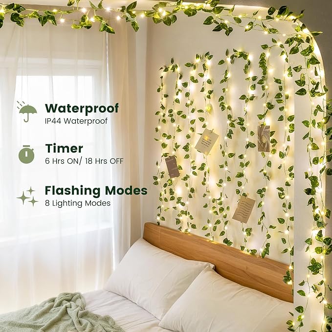 HEYFUNi 23ft Pre-Wrapped Pothos Vine with Fairy Lights USB Battery Operated | 73 LEDs Artificial Greenery Garland with Timer, Leaves Lights for Bedroom, Dorm Room, Wall Decor, Boho Room Decor, Warm White