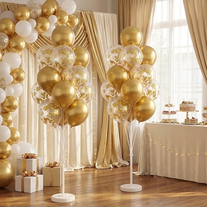 Balloon Column Kit Set of 2 With Confetti Balloons Included - Balloon Tower with Stand, Base, and Pole,Backdrop Decoration for Wedding, Baby Shower, Birthday Party, or Bachelorette Parties (Gold)