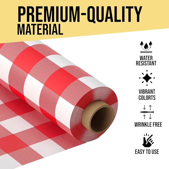 Party Solids 66% Thicker Premium Red Gingham Plastic Table Cover Roll 40" X 100' Table Cloth Plastic Cover Roll Quality Thick Banquet Rolls Disposable Tablecloth Rolls Strong American Based Company