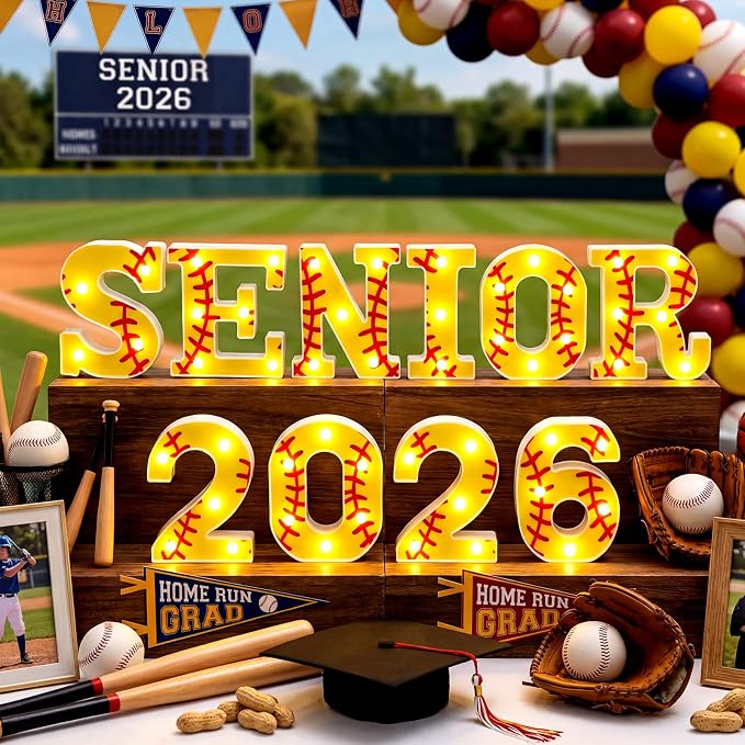Honoson 10 Pcs Softball 2026 Senior Night Decorations Lights up 2026 Senior Sign Softball Graduation Theme Party Lights for High School College Grad Party Supplies