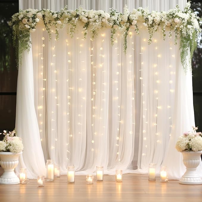 30x10ft White Tulle Backdrop Curtain with Lights String for Parites, Sheer Backdrop Curtains for Wedding Baby Shower Birthday Party Photo Shoot Decorations