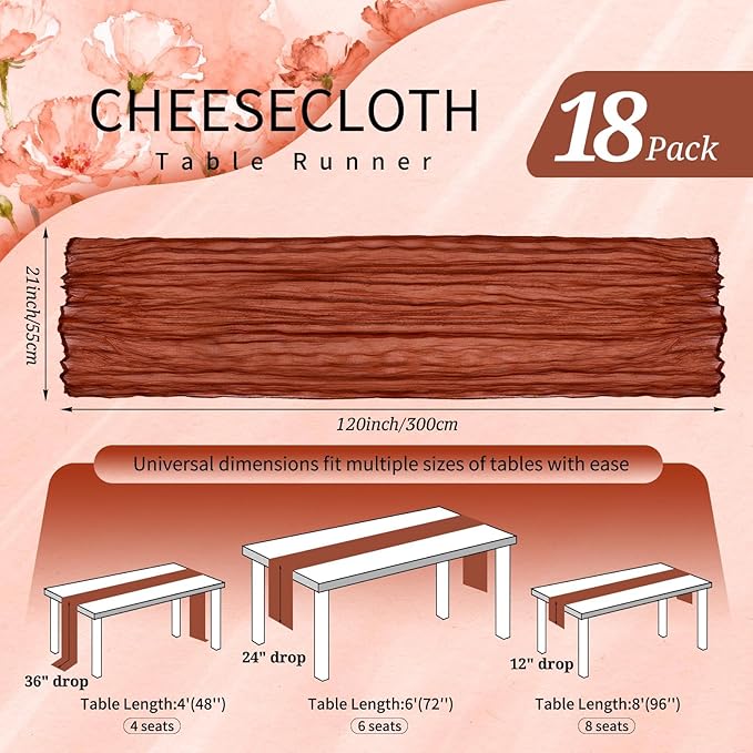 18 Pack Cheesecloth Table Runner 10FT Terracotta Fall Table Runner Boho Gauze Cheese Cloth Table Runners Long Rustic Sheer Table Decorations for Wedding Party Baby Bridal Shower Birthday Holiday Home