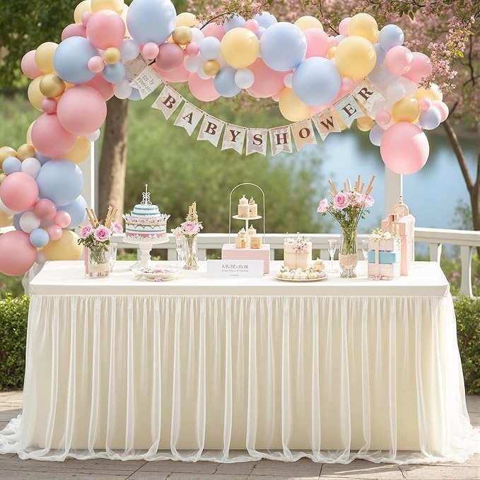 2-in-1 Ivory Tablecloths for 6 Foot Rectangle Tables with Tulle Table Skirt Wedding Table Cover Stretchy Fitted Ruffle Tutu Tablecloth for Baby Shower Reception Birthday Parties Celebration Banquet