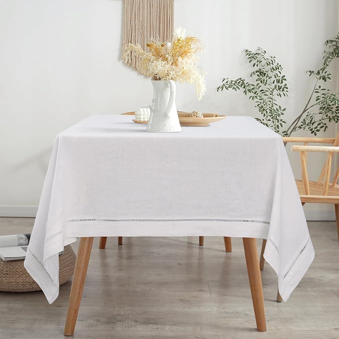 Linen World Hemstitch Linen Tablecloth,French Linen White Tablecloth 108" x 60" Inch,Washable Rectangular Table Cloth for Dining,Outdoor,Weddings and Restaurants,Decorative Thanksgiving Christmas