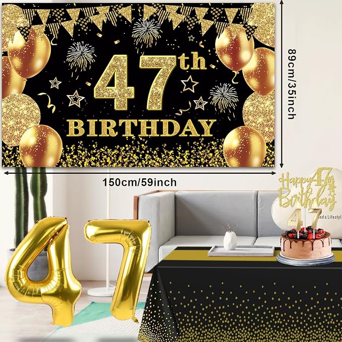 47th Birthday Decorations Men Women with 47th Birthday Banner, Black and Gold Table Cloth, Number Balloons, Large Sash, Cake Topper and Candles