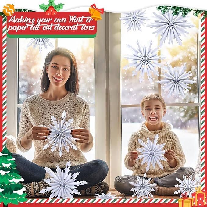 Fuyoooo 12 Pcs Snowflakes Hanging Decorations Blue Purple White Paper Fans Hollow Snowflakes Ceiling Hangings Decor Ice Birthday Fans Decor for Wedding Birthday Holiday Party Decoration(White)