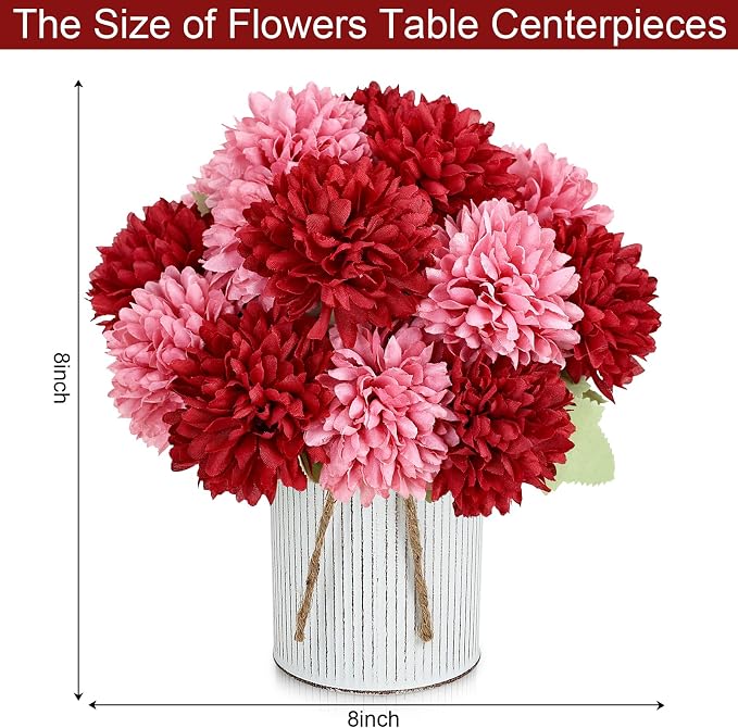 Pre-Made Flower Table Centerpieces, Set of 6 Artificial Silk Chrysanthemum with Metal Vases for Wedding, Birthday Parties, Home Decoration (Burgundy & Dusty Pink, Set of 6 Floral Arrangement)