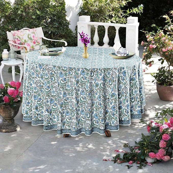 Ridhi Round Tablecloth Hand Block Print 100% Cotton Reusable Columbia Blue 120 Inch Table Cover Decorative Everyday Use for Dining, Home, Party, Wedding, Farmhouse, Party Gift for Spring, Mother's Day