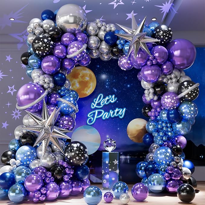 Galaxy Balloons Arch Kit – Outer Space Party Decorations with Metallic Blue, Purple, Silver, Navy & Star Balloons for Galaxy Theme Birthday, Baby Shower, Graduation, Prom Decorations