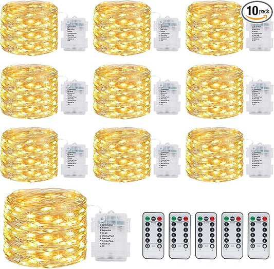 kolpop 10 Pack Fairy Lights Battery Operated with Remote, Each 39Ft 120LED Battery Powered String Lights with Timer, 8 Modes Waterproof Twinkle Christmas Lights for Bedroom Party Indoor, Warm White
