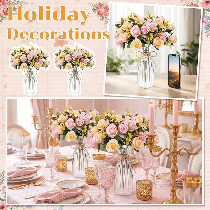 Zeyune 31 Pcs Rose Artificial Flowers with Vase Bulk for Table Centerpiece, 20 Bundles Fake Silk Roses 10 Plastic Clear Vase with 1 Pcs Rope Arrangement Decoration Wedding Home Party(Champagne,Pink)