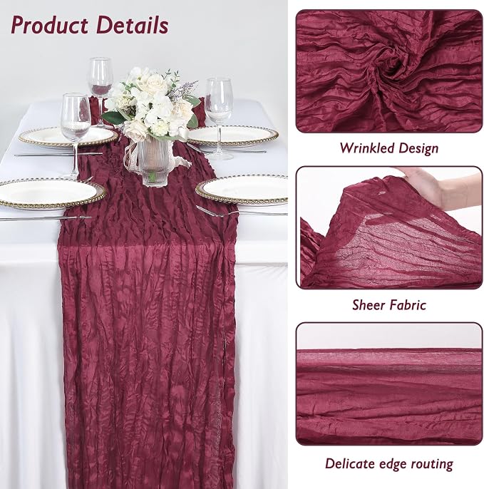 3 Pack Burgundy Red Cheesecloth Table Runner 120 Inch 10FT Cheese Cloth Fabric Runners for Banquet, Valentine's Day, Independence Day, Retro Decoration