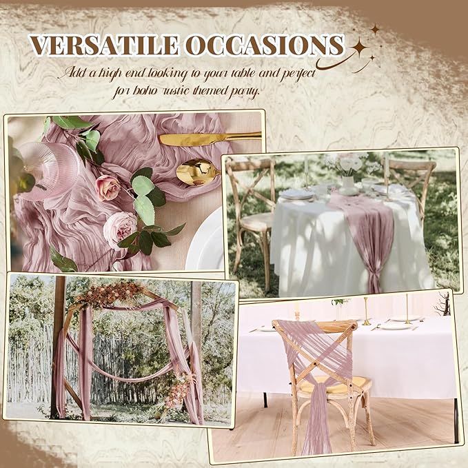 12 Pack Cheesecloth Table Runner,Dusty Pink Table Runner Long Romantic Semi Sheer Rustic Boho Gauze Table Runners for Wedding Bridal Shower Birthday Party Decorations(17.7×108 Inch)
