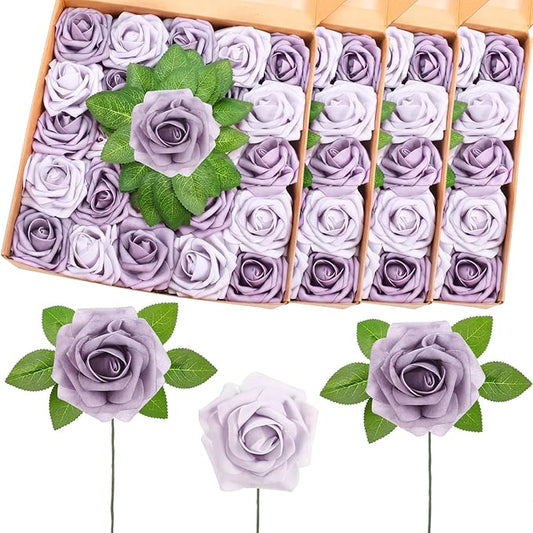 100 Pcs Artificial Foam Rose Flower Faux Bouquet Wedding Fake Rose Gift for Mother's Day Women DIY Bridal Shower Party Table Birthday Home Spring Decor (Soft Purple)