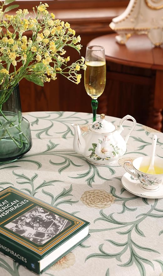 patdrea Vintage French Linen Tablecloth,Round,Diameter 67"-Botticelli | Elegant Table Cloth for Round Table,Sage Green Floral Vine Patterned,for Dining Room Tea Party Thanksgiving