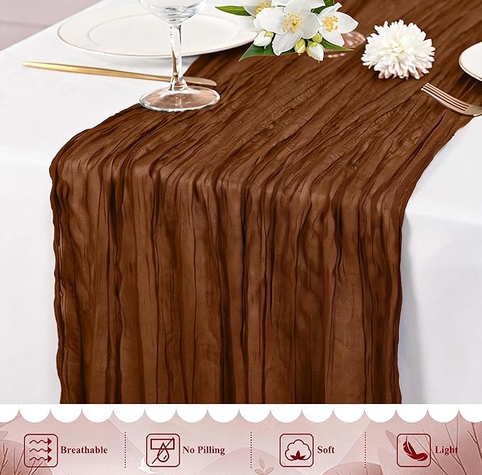 20 Packs Cheesecloth Table Runner 10FT Long Boho Gauze Fabric Table Runner Vintage Rustic Sheer Runners for Wedding Party Bridal Baby Shower Table Decorations (Brown)