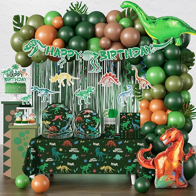 Dinosaur Birthday Decorations for 25 Guests, 293PCS All-in-One Dinosaur Party Decorations Set with Balloons, Plates, Tablecloth, Backdrop & Centerpieces, Easy Setup for Dino Party Supplies